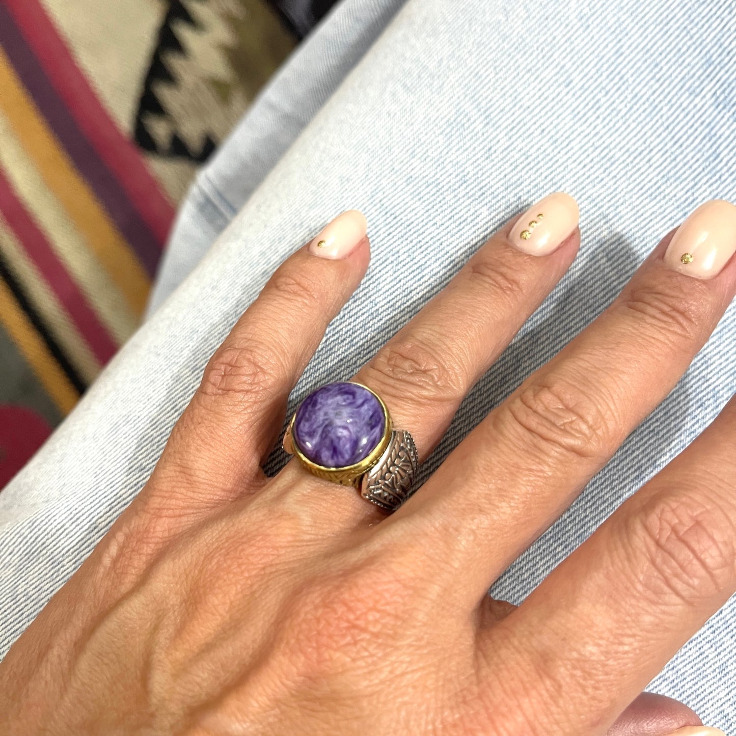 BAGUE Argent et Laiton avec Pierre Semi-Précieuse CHAROITE JALAN JALAN