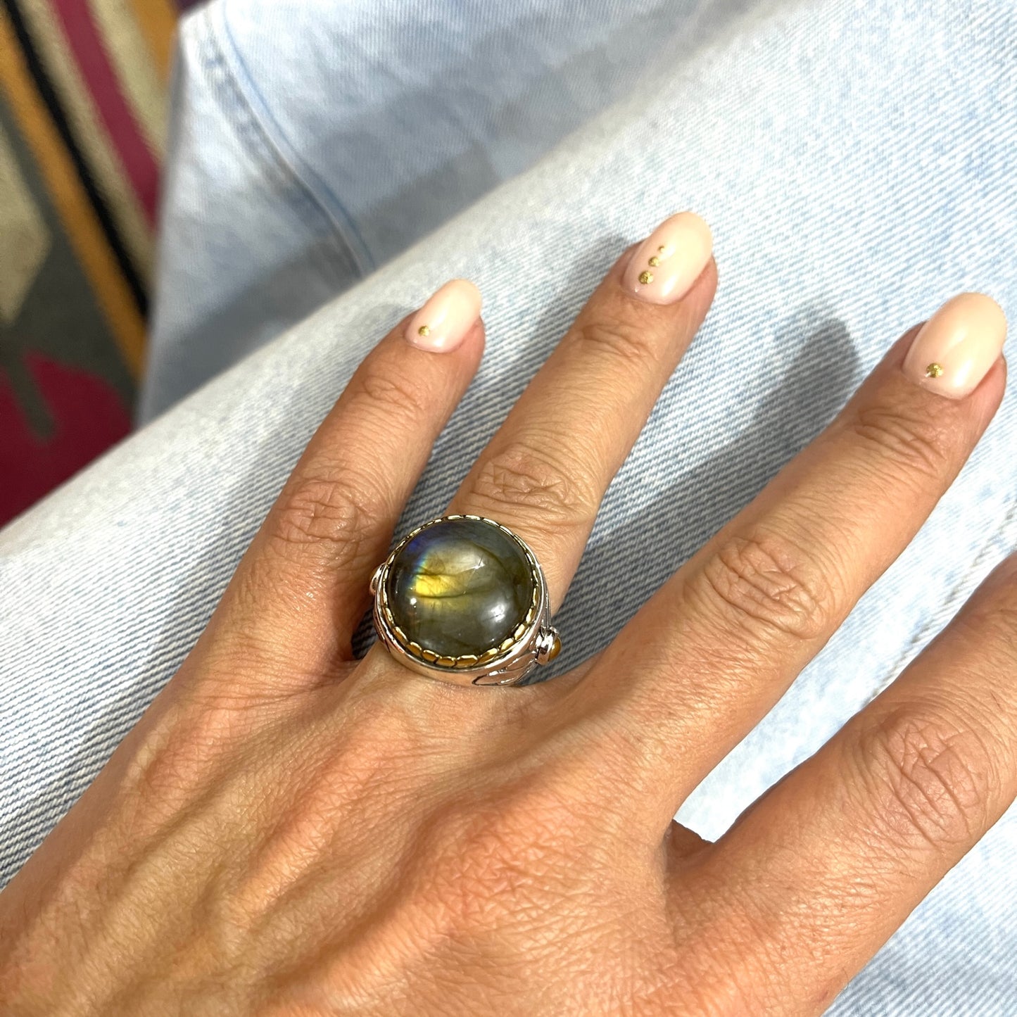 BAGUE Argent et Laiton avec LABRADORITE du Canada JALAN JALAN