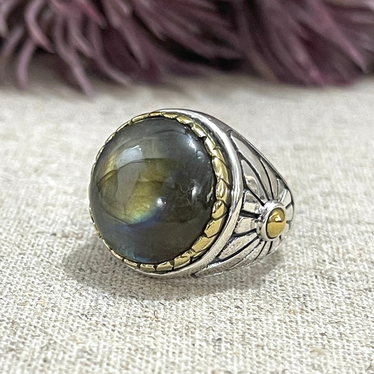 BAGUE Argent et Laiton avec LABRADORITE du Canada JALAN JALAN