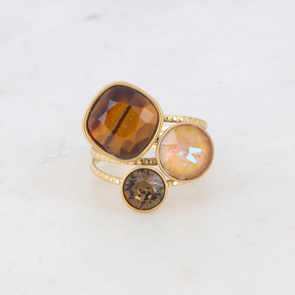 Bague trilogie stone dorée - Oeil de tigre, Ochre DeLite et Smoky Quartz BOHM