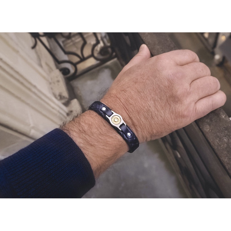 BRACELET ACIER ET CUIR TRESSÉ PLAT BANG BANG N.21 MARINE ELDEN