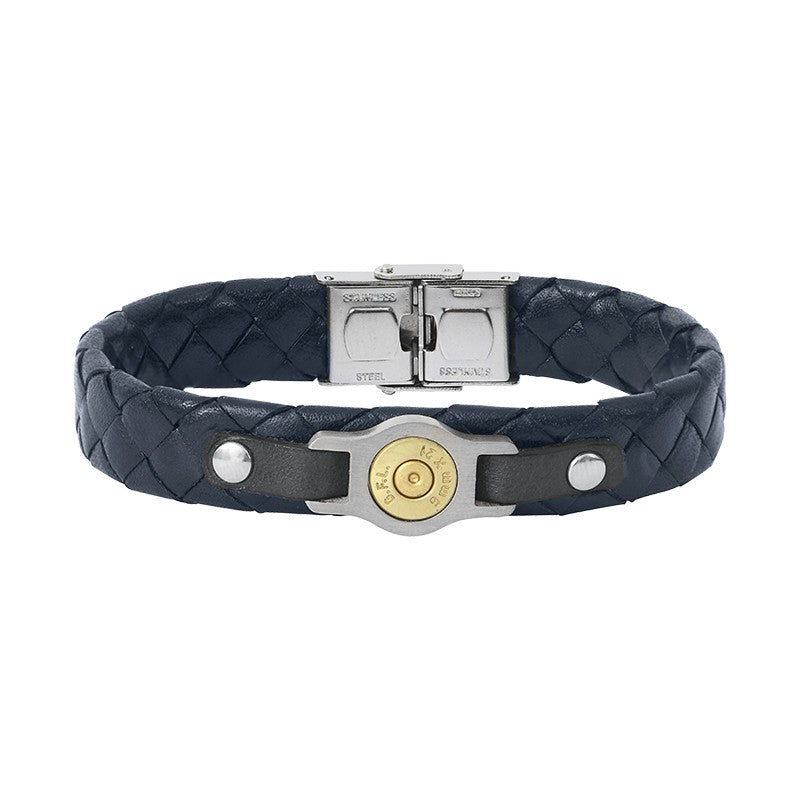 BRACELET ACIER ET CUIR TRESSÉ PLAT BANG BANG N.21 MARINE ELDEN