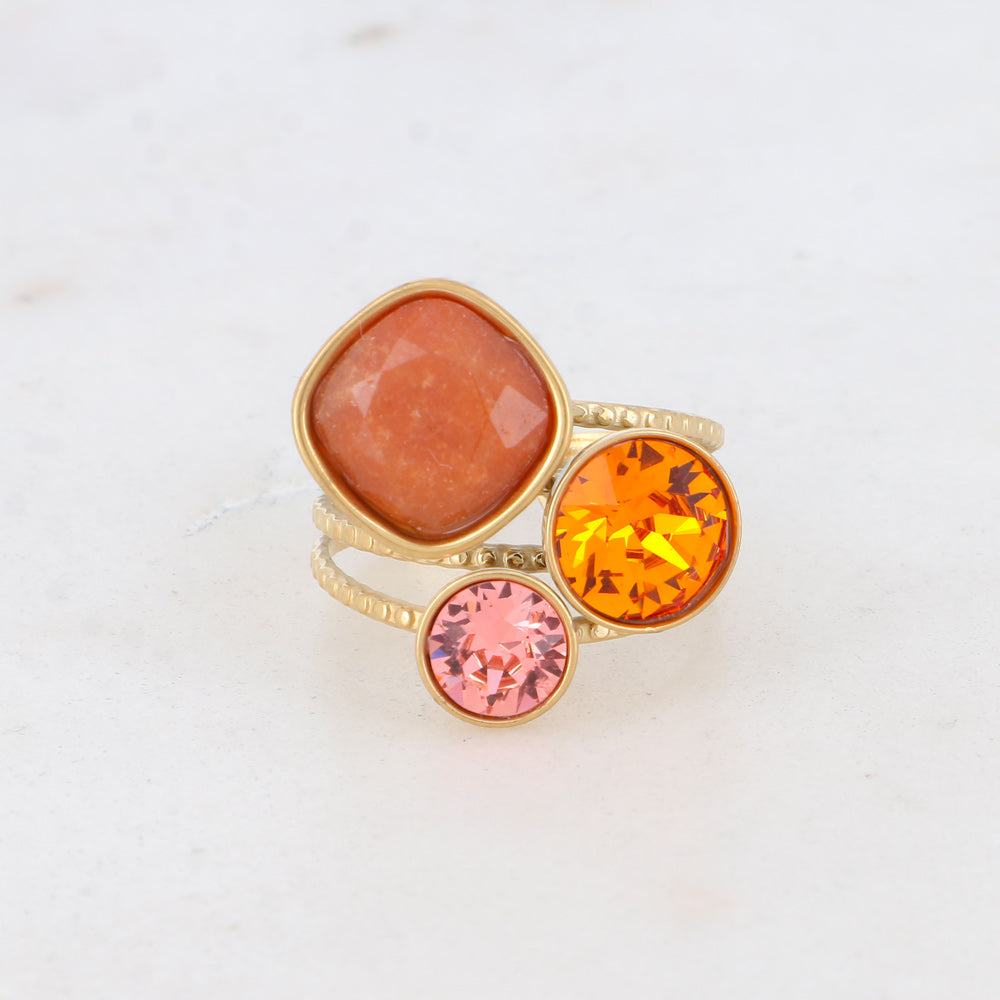 Bague trilogie stone dorée - Agate orange, Tangerine et Rose Peach BOHM