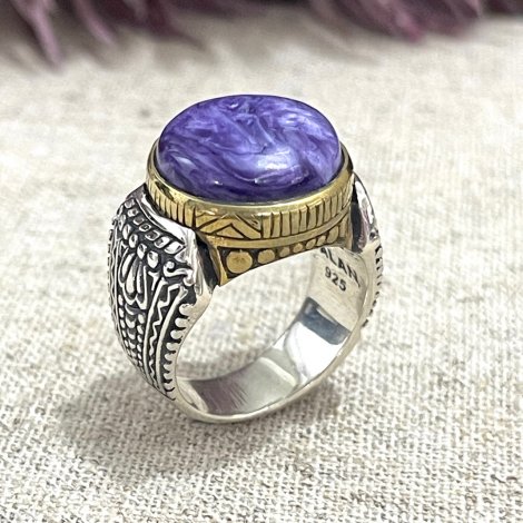 BAGUE  Argent et Laiton avec Pierre Semi-Précieuse  CHAROITE  JALAN JALAN