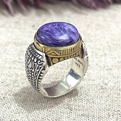 BAGUE  Argent et Laiton avec Pierre Semi-Précieuse  CHAROITE  JALAN JALAN