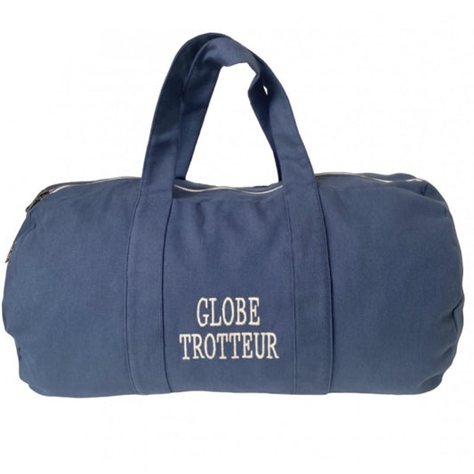 Sac Polochon Brodé- Bleu Denim- Globe Trotteur MARCEL & LILY