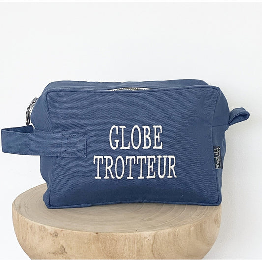Trousse De Toilette Bleu Denim - Brodée " Globe Trotteur " MARCEL & LILY