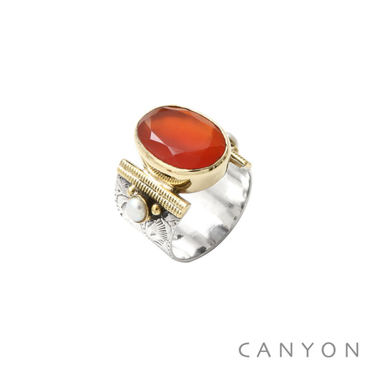 BAGUE ARGENT ET LAITON CORNALINE