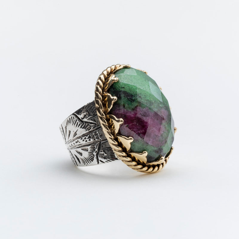 BAGUE ARGENT ET LAITON RUBIS ZOISITE